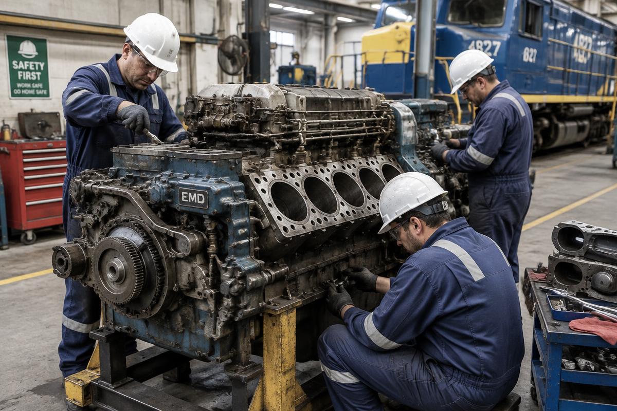 Engineers repairing a locomotive engine